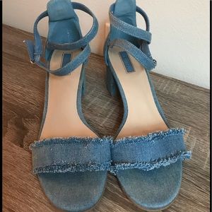Denim ankle strap heels